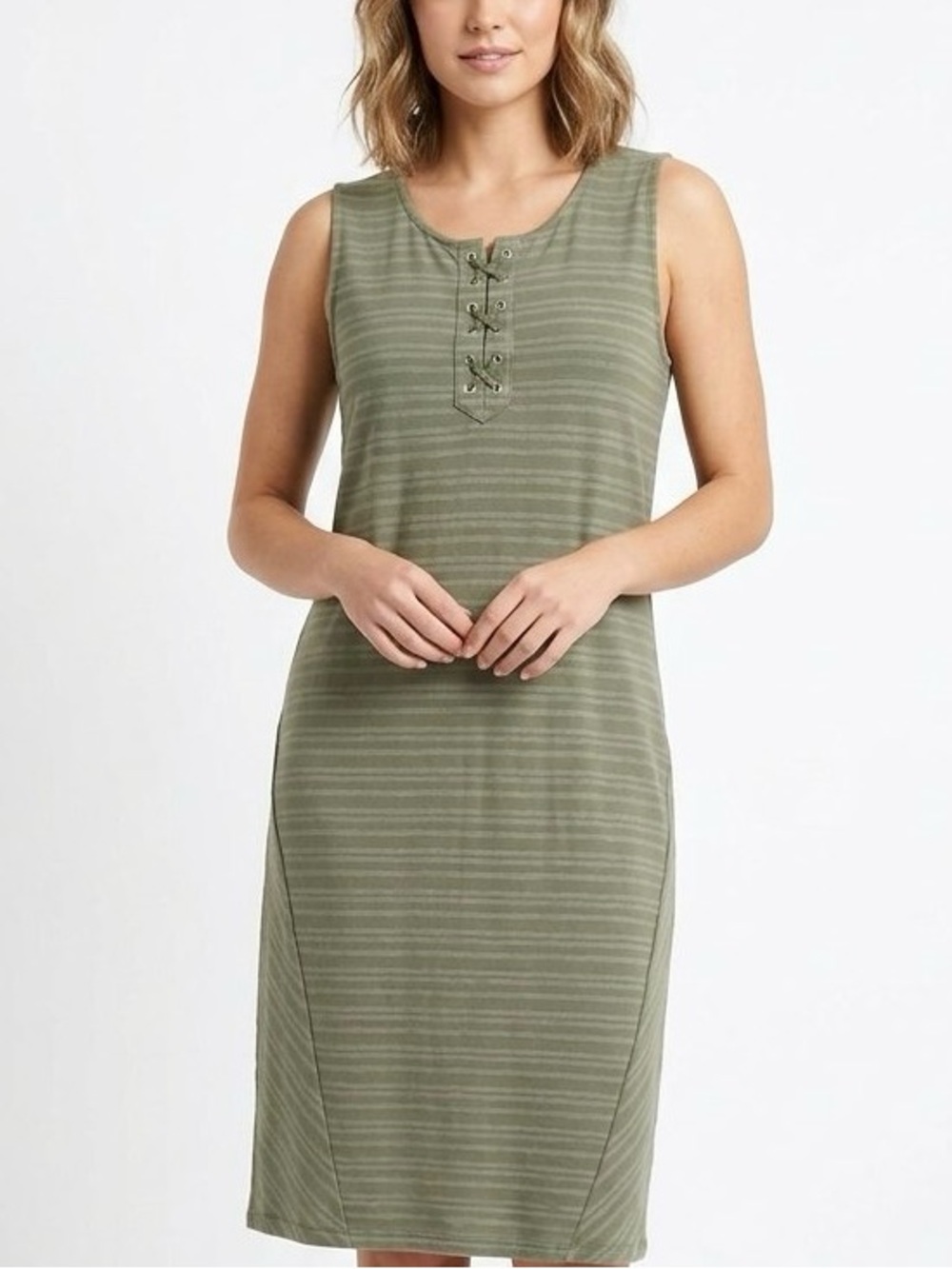Liz Claiborne Dress XL NWT Olive Grove Striped Sleeveless Lace Up Shift